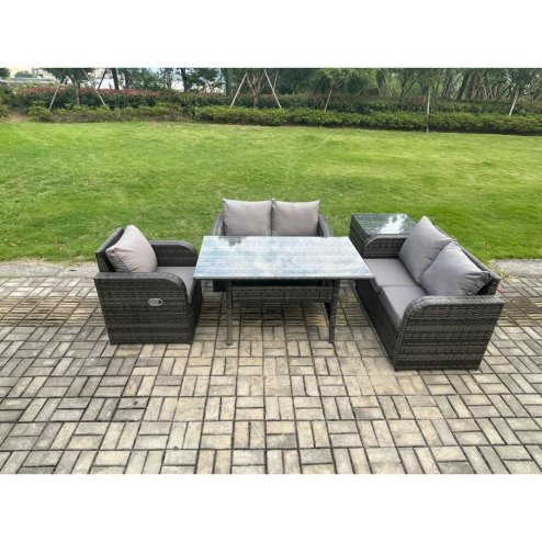 Fimous Lounge Rattan Sofa Set Outdoor Garden Furniture Oblong Rectangular Dining Table With Chairs Side Table Dark Grey Mixed