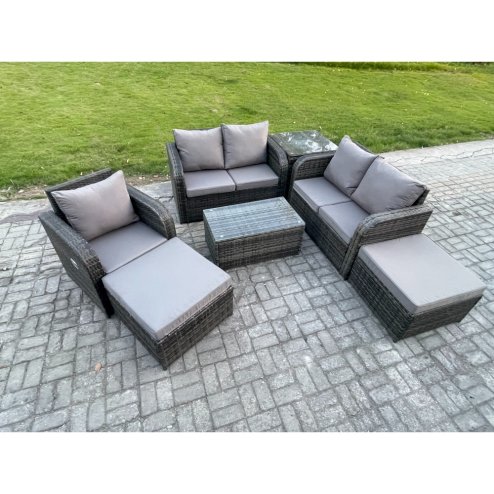 Fimous 7 Seater High Back Rattan Garden Furniture Set with Loveseat Sofa Rectangular Coffee Table 2 Big Footstool Side Table Indoor Outdoor Patio Lounge Sofa Set Dark Grey Mixed