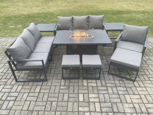 Fimous Aluminium 9 Pieces Garden Furniture Sofa Set with Cushions 10 Seater Gas Fire Pit Dining Table Set with 2 Side Tables 3 Footstools Dark Grey