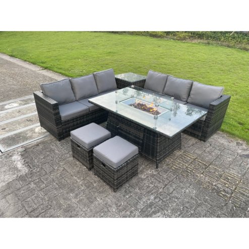 Fimous Outdoor Rattan Garden Corner Furniture Gas Fire Pit Table Sets Gas Heater Lounge Small Footstools Dark Grey 8 Seater