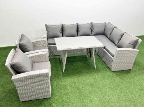 Fimous 8 Seater Garden Outdoor Rattan Furniture Set Rattan Corner Sofa Oblong Dining Table with 2 Armchairs Light Grey Mixed