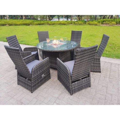 Fimous Rattan Garden Furniture Gas Fire Pit Round Dining Table And Chairs 6 Seater Plus Round Table