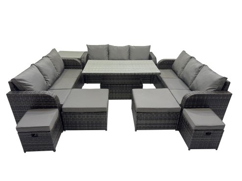 Fimous Rattan Garden Furniture Dining Set 13-seater Patio Height Adjustable Rising Lifting Table Sofa Set with Side Table Dark Grey Mixed