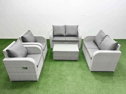 Fimous 6 Seater Outdoor Reclining Chair Love Sofa Set Rattan Garden Furniture Set with Rectangular Coffee Table Light Grey