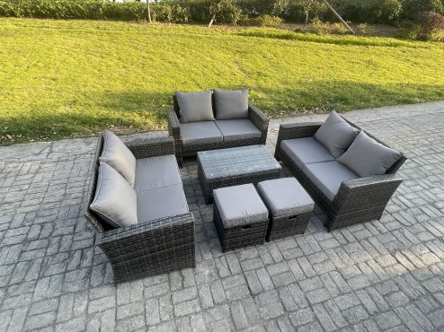 Fimous 6pc Rattan Sofa Garden Furniture Outdoor Patio Set with 2 Small Footstools Double Seat Sofa Dark Grey Mixed