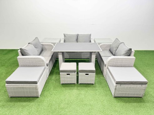 Fimous 10 Seater Patio Garden Furniture Sets with Black Glass Top Dining Table Love Sofa 4 Stools Light Grey