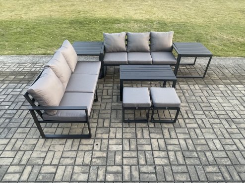 Fimous Aluminium Patio Outdoor Garden Furniture Lounge Sofa Set with Oblong Coffee Table 2 Small Footstools 2 Side Tables Dark Grey