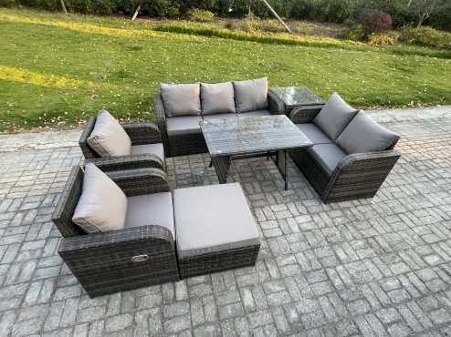 Fimous 8 Seater High Back PE Rattan Sofa Set Outdoor Garden Furniture Dining Table Set With Reclining Chair 3 Seater Sofa Love Sofa Big Footstool Side Table