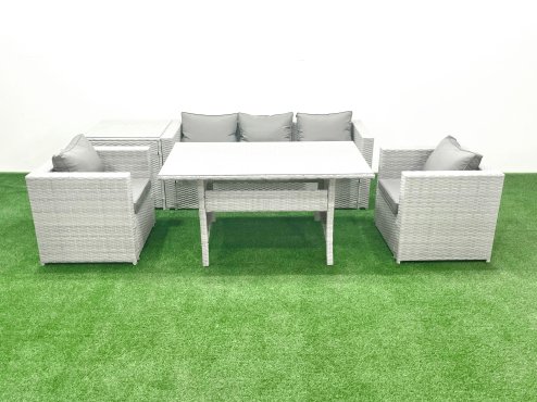 Fimous Garden Dining Set Outdoor Rattan Furniture Set with Sofa Dining Table 2 Chairs Side Table Light Grey Mixed