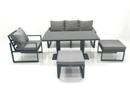 Fimous 6 Seater Garden Sofa Set Aluminium Furniture Rising Dining Tabe Set with Chair 2 Big Footstool Dark Grey