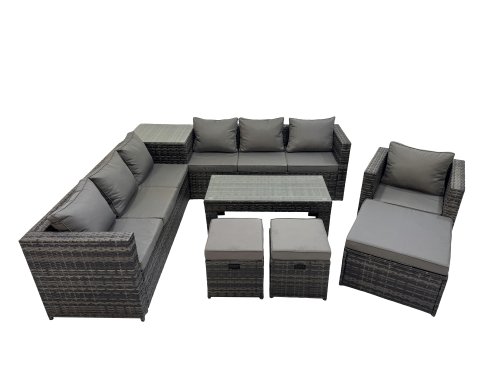 Fimous Garden Rattan Outdoor Furniture Set 10 Seater Patio Corner Sofa Oblong Coffee Table with 3 Stool Side Table Dark Grey