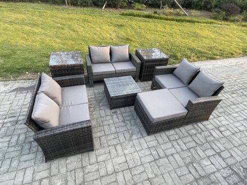 Fimous 7 PCS Outdoor Lounge Sofa Set Wicker PE Rattan Garden Furniture Set with Square Coffee Table Double Seat Sofa 2 Side Tables Big Footstool Dark Grey Mixed