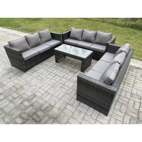 Fimous Outdoor 3 PC Three Seater Ssofa Rattan Garden Furniture Lounge Sofa Set With Oblong Rectagular Coffee Table