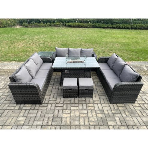 Fimous Rattan Furniture Garden Dining Set Gas Fire Pit Table With Side Table Lounge Sofa 2 Small Footstools Dark Grey Mixed