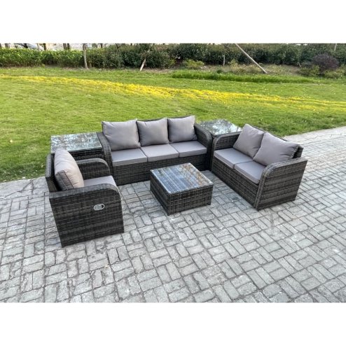 Fimous Rattan Garden Furniture 6 Piece Patio Set With Table Sofa Square Coffee Table Reclining Chair Loveseat sofa 2 Side Tables