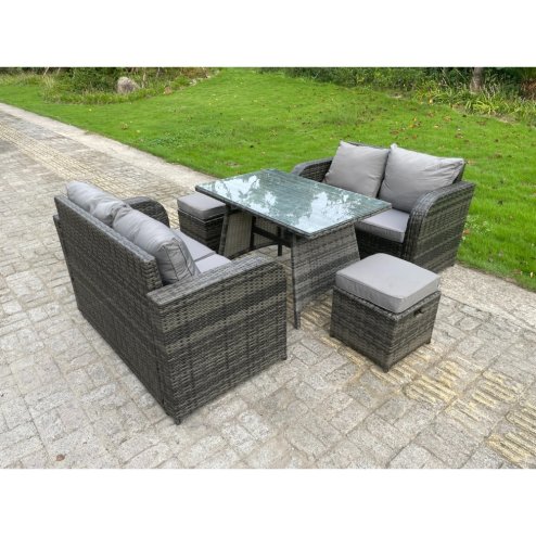 Fimous Rattan Garden Furniture Set 2 Seater Curved Arm Double Love Sofa Sofa Oblong Dining Table