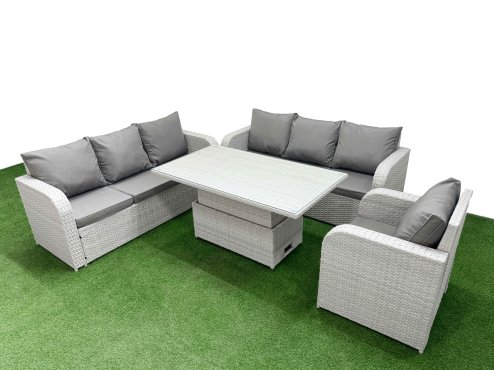 Fimous 7 Seater Poly Rattan Outdoor Garden Furniture Adjustable Lifting Dining or Coffee Table Sofa Set Patio 3 Seater Sofa Reclining Chair 3 Seater Sofa Light Grey