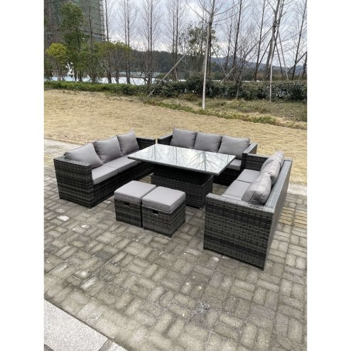 Fimous U Shape?Outdoor Rattan Garden Furniture Sofa Set Lounge Adjustable Rising Lifting Tables Footstool Dark Grey Mixed