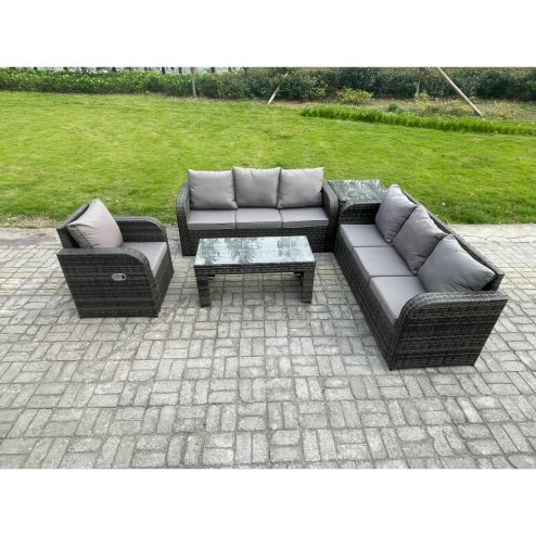 Fimous 7 Seater Wicker PE Rattan Sofa Set Outdoor Patio Garden Furniture Set with Side Table Reclining Chairs Coffee Table Dark Grey Mixed