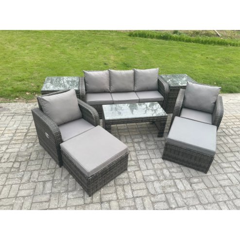 Fimous Rattan Garden Furniture Set with Rectangular Coffee Table 2 Side Tables 2 Big Footstool 7 Seater Patio Outdoor Lounge Sofa Set