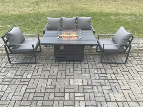 Fimous Aluminium Outdoor Garden Furniture Set Gas Fire Pit Dining Table Set Gas Heater Burner with 2 Arm Chair Dark Grey 5 Seater