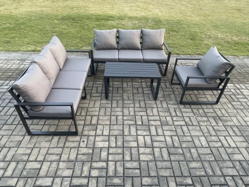 Fimous Aluminium 7 Seater Garden Furniture Outdoor Patio Sofa Set with Rectangular Coffee Table Armchair Dark Grey