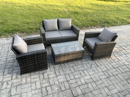 Fimous Outdoor Lounge Sofa Set Wicker PE Rattan Garden Furniture Set with Rectangular Coffee Table Double Seat Sofa Dark Grey Mixed