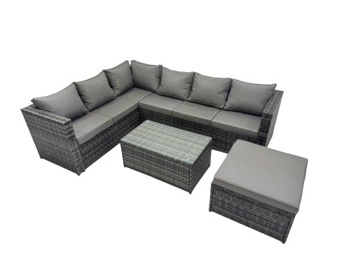 Fimous Outdoor Rattan Rectangular Coffee Table Corner Sofa Sets Garden Furniture Set with Big Stool Dark Grey Mixed
