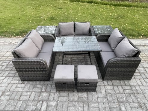 Fimous Outdoor Rattan Garden Furniture Set 8 Seater Patio Love Sofa Set with Rectangular Dining Table 2 Small Footstools 2 Side Tables Dark Grey Mixed