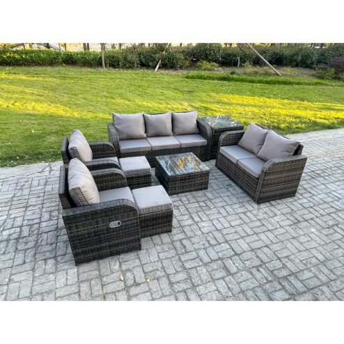 Fimous 9 Seater Garden Furniture Set Rattan Outdoor Lounge Sofa Chair With Tempered Glass Table Side Table 2 Small Footstools Dark Grey Mixed