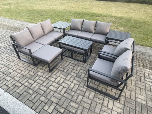 Fimous Aluminium Outdoor Garden Furniture Lounge Sofa 2 PC Chairs Oblong Coffee Table Sets with 2 Side Tables 3 Footstools Dark Grey