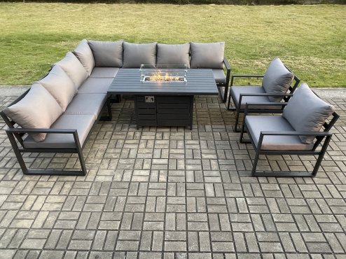 Fimous Aluminium 8 Pieces Garden Furniture Corner Sofa Set with Cushions Gas Fire Pit Dining Table Set Gas Heater Burner with 2 Chairs Dark Grey