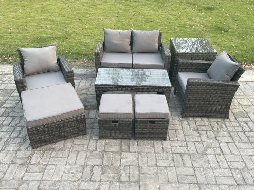 Fimous 7 Seater Outdoor Rattan Garden Furniture Set Patio Lounge Sofa Set with Coffee Table 3 Footstools Side Table Dark Grey Mixed