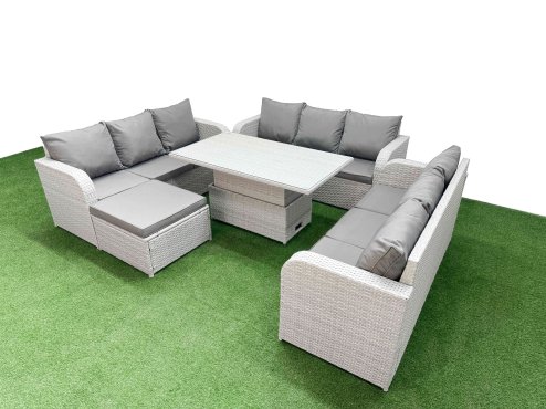 Fimous PE Rattan Lounge Sofa Set 10 Seater Outdoor Garden Furniture Set with Adjustable Lifting Dining or Coffee Table 3 Seater Sofa Big Footstool Light Grey