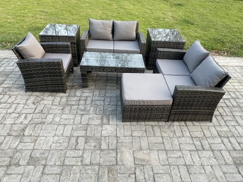 Fimous 7pcs Rattan Outdoor Garden Furniture Sofa Set with Coffee Table 2 Side Tables Big Footstool Dark Grey Mixed