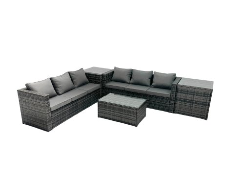 Fimous Rattan Garden Furniture Dining Set 6-seater Patio Coffee Table Sofa Set with 2 Side Tables Dark Grey Mixed