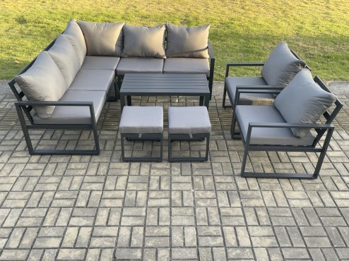 Fimous 9 Seater Aluminium Outdoor Garden Furniture Set Patio Lounge Sofa with Oblong Coffee Table 2 Small Footstools Dark Grey