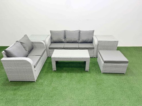 Fimous 6 Seater PE Rattan Wicker Garden Furniture Patio Conservatory Sofa Set with Oblong Coffee Table 3 Seater Sofa Love Sofa Big Footstool 2 Side Table