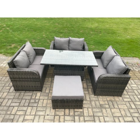 Fimous Rattan Garden Outdoor Furniture 3 PC Love Sofa Set Patio Adjustable Rising lifting Dining Table With Big Footstool