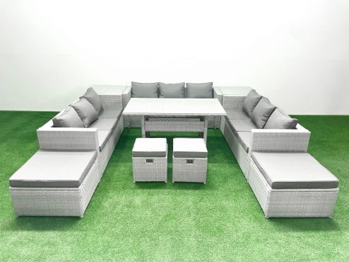 Fimous Rattan Garden Furniture Dining Set 13 Seater Lounge Sofa Dining Table Set with 4 Footstools 2 Side Tables Light Grey Mixed