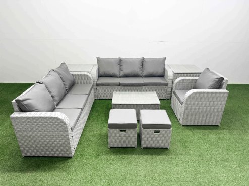 Fimous 9 Seater Poly Rattan Outdoor Garden Furniture Sofa Set Patio 3 Seater Sofa Reclining Chair 3 Seater Sofa Stools 2 Side Table Light Grey