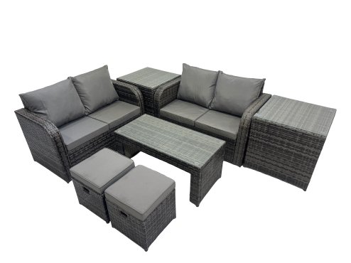 Fimous 3 Seater Sofa Reclining Chair Coffee Table Set Rattan Garden Outdoor Furniture Set with 2 Side Tables 2 Small Stools Dark Grey Mixed