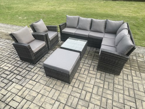 Fimous 9 Seat Rattan Garden Furniture Corner Sofa Set Outdoor Patio Sofa Table Set with Big Footstool 2 Armchairs Dark Grey Mixed