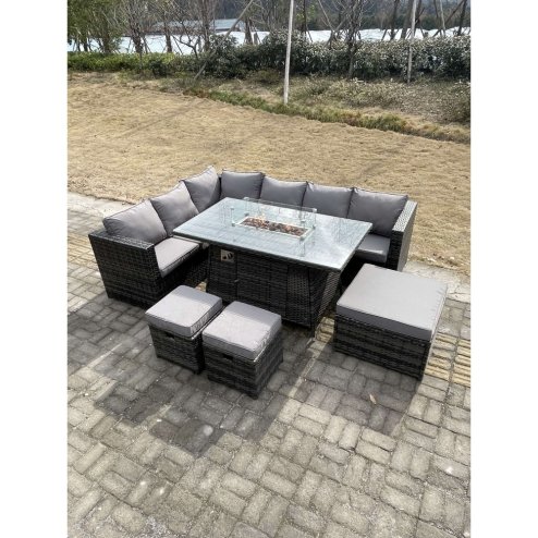 Fimous 9 Seater Rattan Corner Sofa Set Gas Firepit Dining Table Set Patio Heater Burner With Big Footstool Dark Grey Mixed