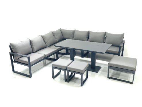 Fimous 10 Seater Outdoor Aluminum Garden Furniture Set Corner Sofa 3 Footstools Adjustable Rising Lifting Dining Table Sets Dark Grey