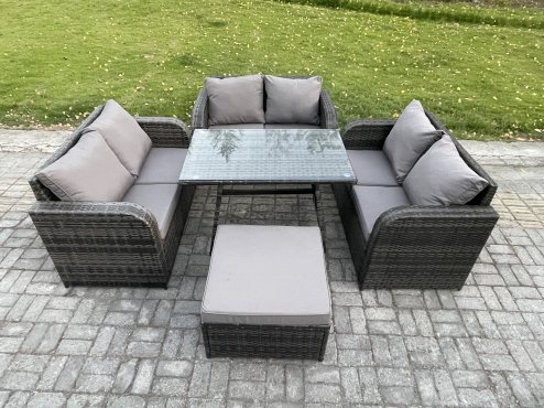 Fimous Rattan Garden Furniture Set 7 Seater Patio Outdoor Love Sofa Set with Rectangular Dining Table Big Footstool Dark Grey Mixed