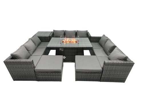 Fimous Rattan Garden Furniture Firepit Set Outdoor 11 Seater Patio Dining Sets with Glass Top Dining Table Side Tables