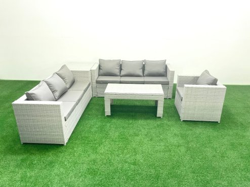 Fimous Wicker PE Rattan Sofa Garden Furniture Set with Oblong Coffee Table Armchair Side Table Light Grey Mixed