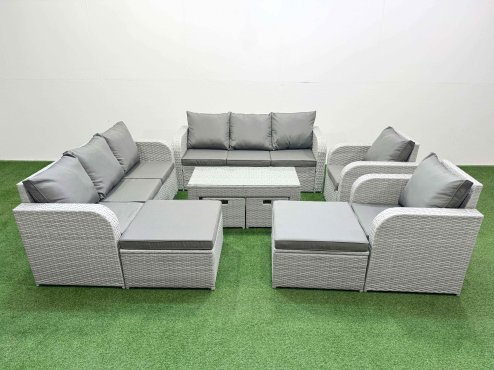 Fimous PE Wicker Rattan Furniture Sofa Sets with Oblong Coffee Table 3 Seater Sofa 4 Stools Light Grey