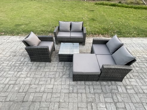 Fimous Outdoor Rattan Garden Furniture Set Conservatory Patio Sofa Coffee Table Set with Chair Big Footstool Dark Grey Mixed